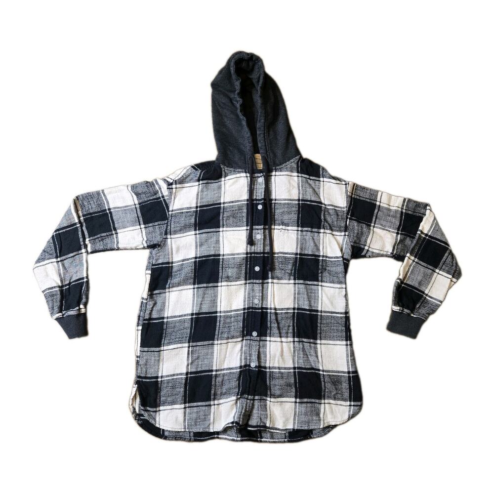 American Eagle Outfitters Men's Vintage Y2K Plaid Black White Hood Button Up S